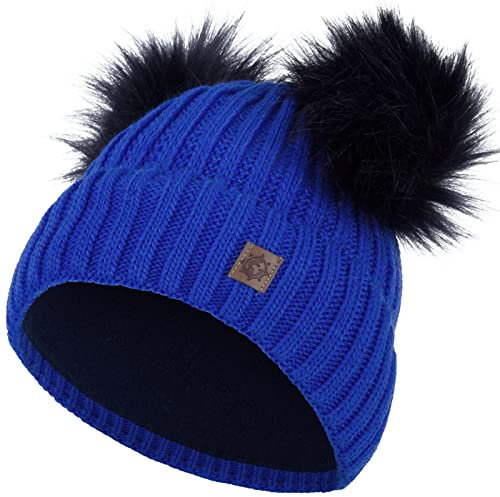 Compagno Kindermütze Bommelmütze Wintermütze Beanie Strickmütze Mädchen Grobstrick 91, Farbe:Blau