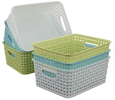 Qskely Set of 6 Plastic Woven Storage Baskets, Weave Cupboard Basket