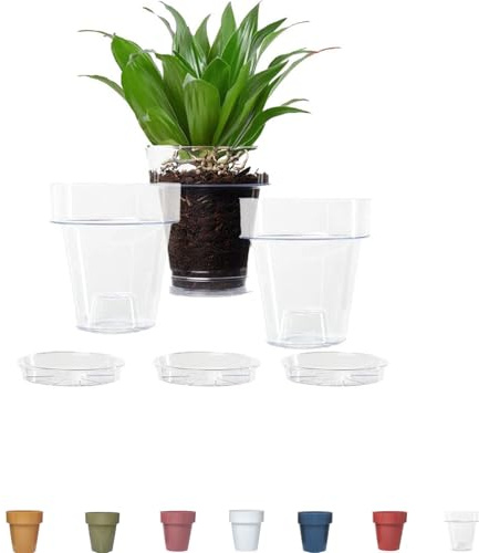 VIRSUS 3 Vasi rotondi per piante diametro 14 cm, con 3 sottovasi trasparenti diametro 12 cm, design elegante, per piccole piante e fiori, per interno ed esterno, resistente ai raggi UV (Clear)