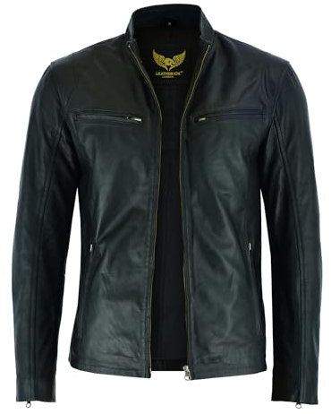 Leatherick Giacca da motociclista in pelle di agnello da uomo - Giacca da motociclista nera resistente e calda con cerniera (IT, Testo, M, Regular, Regular, Jacket Black Hooper Style)