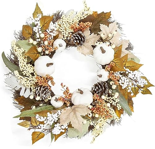 Autumn Wreath for Front Door, 45cm Autumn Door Wreath with Artificial Pumbkin Autumn Decorations, Door Wreaths Outdoor All Year for Fall Harvest Thanksgiving Halloween Home Decor (B)