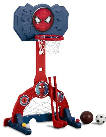 Delta Children Marvel Spider Man 4-in-1 Sports Center – Adjustable Easy Score Basketball Hoop, Soccer/Hockey Net and Golf Game, Red/Blue