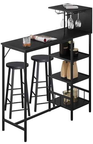 WOLTU Set 3 Pezzi Tavolo da Bar con 2 Sgabelli Alti, Tavolo da Cucina con 4 Ripiani e 2 Portabicchieri da Vino, Mobile da Bar per Casa, Soggiorno, Ufficio, in Truciolato e Metallo, Nero