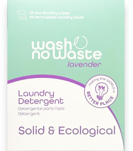 Wash no Waste - Tiras de Detergente para lavadora (64 lavados). Hipoalergénico y Biodegradable. Efecto suavizante. Gran poder de limpieza. Vegano y Cruelty Free. Libre de plásticos. … (Lavanda)
