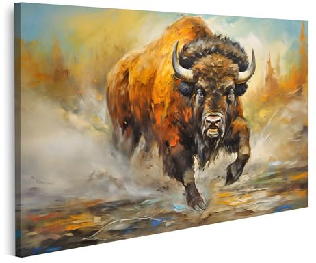 islandburner Bild auf Leinwand Großes wütendes Bison Ölgemälde im Impressionismus Stil Bilder Wandbilder Poster