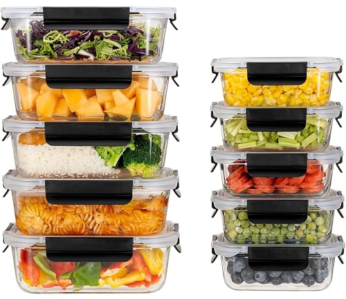 HOUSZY 10pc Glass Food Storage Containers with Airtight Lids, Black | Glass Food Storage Containers, Set of 10, Black, Snap-Lock Lids, Oven Safe