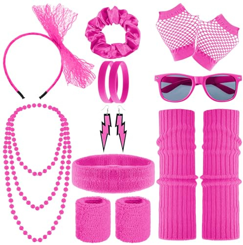 Partideal 90er 80er Jahre Accessoires,25 Stück 80er Jahre Outfit Damen Set mit Neon Oberteil Beinstulpen Armbänder Halskette Stirnband Ohrringe Brille Bauchtasche für Karneval Halloween