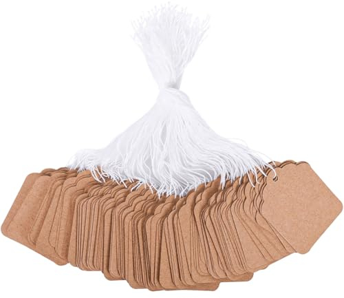 SallyFashion 1000PCS Price Tags with String, Gift Tags with String Attached, 1.8 x 1.4 inch Kraft Paper Hang Labels for Clothes DIY Crafts Wedding Holiday (Brown)