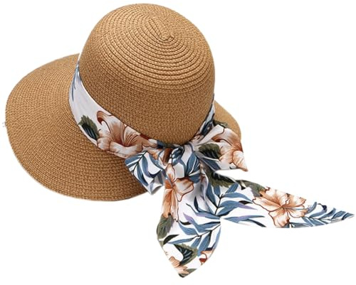 Whakano Sonnenhut Damen,Bowknot Strohhüte,Faltbare mit Breite Krempe Strand Kappe,UV-Schutz Sommerhut,Strandhut,Freizeithut,Sommervisier für Outdoor Hut,Urlaub und Strand,Khaki