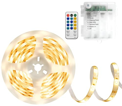 DBFAIRY 5M LED Streifen Batterie mit Timer 8 Modi für Schlafzimmer Deko | 150 LED Strip 2835 SMD, Wasserdicht Selbstklebend Lichtband mit Fernbedienung für Zuhause Dekoration (Warmweiß)