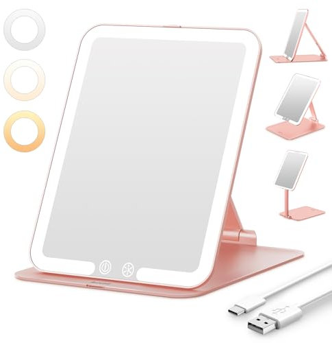 Auxmir Rose Gold Portable LED Vanity Mirror, Rechargeable, Adjustable Lighting, Smart Design, Memory Function, 19L x 13.5W cm, Standing/Leaning