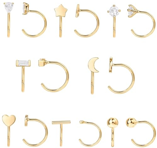 LYLYMIMI 8 par guld öppna huggie ring örhänge små CZ halv ring örhängen för kvinnor allergivänliga boll stjärna hjärta kram ring brosk piercing nitar E, 8mm, Koppar, Kubisk zirkonia
