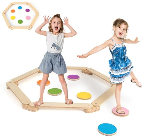 HOMASIS 18 pièces Set de poutres d'équilibre en bois, poutre d'équilibre DIY avec 6 marchepieds & connecteurs, planche d'équilibre Montessori pour l'équilibre & la coordination, poutre d'équilibre pou