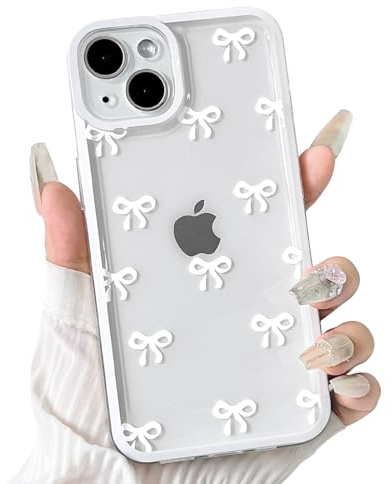 NITITOP Compatible with iPhone 13 Mini Case Cute Clear White Durable Ribbon Bowknot Pattern for Girls Women Soft TPU Transparent Full Camera Lens Shockproof Protective Phone Cover - White