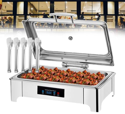 forplubossmmp Electric Chafing Dish 1/2/3 Pan with 5 Food Clip (12 inches), Stainless Steel Food Warmer for Commercial, Real-Time Digital Temperature Display, Transparent Large Glass Lid Top,1-grid