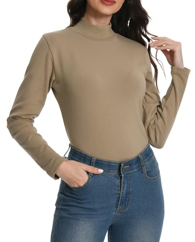 EBANKU Termiska toppar för kvinnor med långa ärmar, polokrage under löpare tajt enkel stretch t-shirt toppar, Ljus aprikos, XL