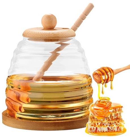 MeYuxg Honey Jar with Dipper and Lid, 500ml Elegant Glass Honey Storage Container, Durable Design Honey Pot with Wood Lid