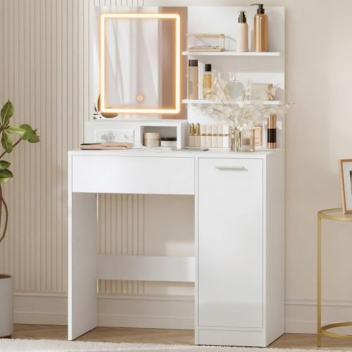 VASAGLE Dressing Table with LED Lights and Power Outlet, Vanity Table with Mirror, Adjustable Shelves, 1 Drawer, 2 Open Shelves, Modern Makeup Desk, White CUSTOS Collection RDT138W03