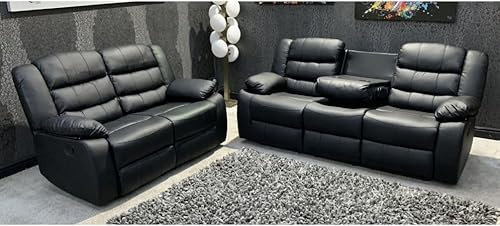 MNS - Leather Recliner Sofa with Cupholders - 3+2 Seater Sofa - Black (3+2 Seater)