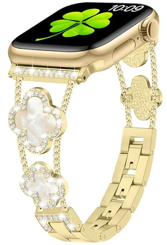 Sixmoat Bands Compatibles avec Apple Watch Bracelet pour Femme 42mm 44mm 45mm 46mm 49mm, Bracelet Pailleté de Designer avec Trèfle pour iWatch Série 11/10/9/8/7/6/5/4/3/SE/Ultra (Or)