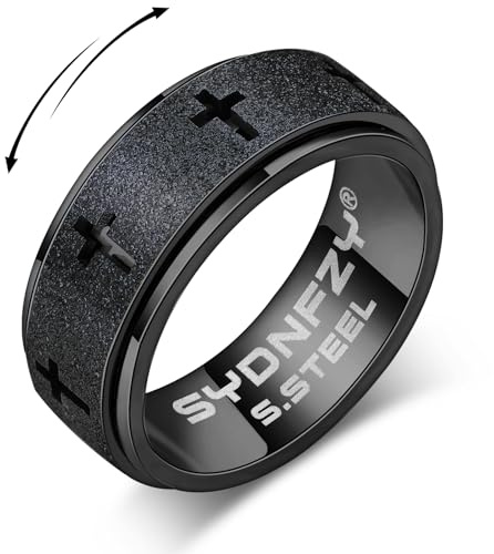Anxiety Spinner Ring for Men - Stainless Steel Fidget Spinner Ring, Band Cross Thumb Roating Rings for Stress Relief 8mm Anxiety Relieve Fidget Toys for Adults Ring Size 6 7 8 9 10 11 (Black, 11)