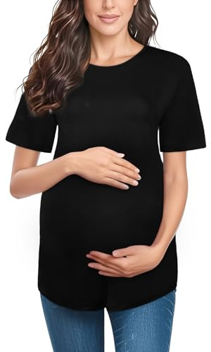 Aolso Ropa de Mujer Embarazada, Tops de Maternidad de Manga Corta de Verano, Side Split, Moda Camisas Embarazo, Negro-M