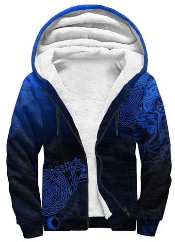 Wikinger-Drachen-Tattoo Herren Kapuzenjacke mit Fleecefutter, 3D-Druck Zip Hoodies Verdickte Langarm Kapuzenpullover, Mittelalter Fenrir Wolf Sweatjacke Winter Warm Hooded Sweatshirt mit Tasche