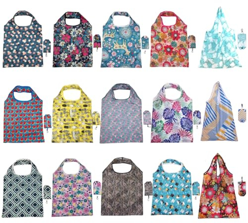 15pcs Foldable Shopping Bag Reusable Tote Bags Foldable Shopping Bags Foldaway Tote Waterproof and Machine Washable Fold Up Bag in Pouch for Daily Use, Grocery, Travel, Picnic