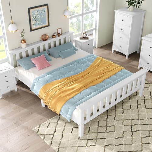 LINKHOO Doppelbett Holzbett, Massivholzbett mit Lattenrosten, Kieferbett für Erwachsene, Kinder, Jugendliche, 140 x 200 cm, weiß