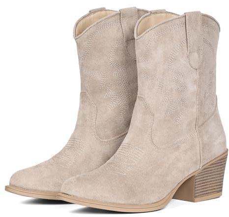 IXU Cowboy Boots for Women Ankle Cowgirl Booties Wide Mid Calf Pointed Toe Western Boots Short Chunky Classic Booties