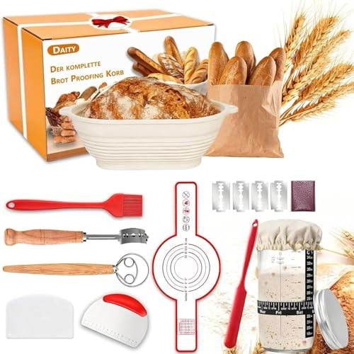 Daity Sauerteig Starter Set, 11-teilig, 28 cm Gärkorb zum Brotbacken | 11-teiliges Brotbackset mit klappbarem 28 cm Gärkorb, ideal für Sauerteig und hausgemachtes Brot für Anfänger und Profis