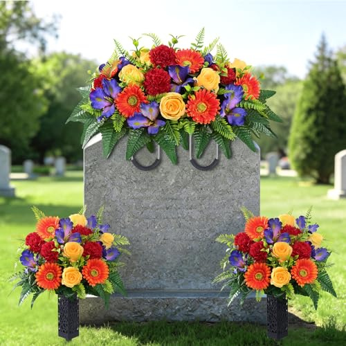 Yastouay 3 Sets Artificial Cemetery Flowers for Grave, Realistic Headstone Flower Saddle, UV Resistant Memorial Day Flowers, Mixed Blooms Grave Decorations for Cemetery (Colorful)