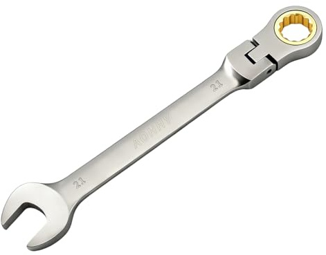 Aohhy Flexible Head Ratchet Spanner 21mm Cr-V Steel Forged Combination Spanner, 72 Tooth Gear System Flexible Head and Open End Combination Wrench with Grey Nickle Plated