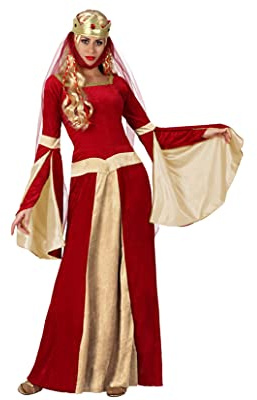 Atosa | Disfraz Dama Medieval Mujer Adulto Rojo y Dorado | Elegancia de Época | Incluye Vestido y Corona con Velo | Ideal para Fiestas Temáticas, Carnaval y Eventos Medievales | Talla M-L