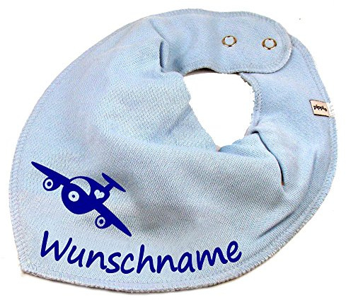 HALSTUCH mit Namen oder Text personalisiert für Baby oder Kind aus Baumwolle in Einheitsgröße Flugzeug hellblau