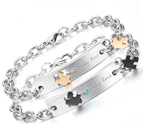 Aroncent Herren Damen Armband Freundschaftsarmband - 2PCS Lieben Partnerarmband Armreif Only Love & Puzzle Design Strass Edelstahl Gold Schwarz Silber