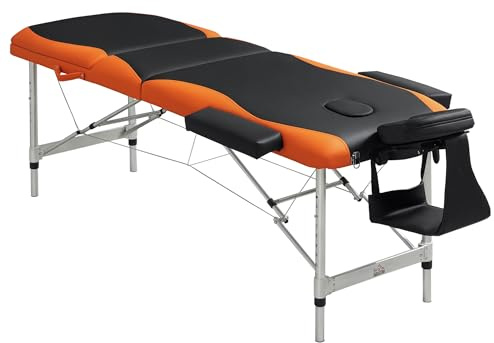 HOMCOM Camilla de Masaje Plegable y Portátil 210x81x62-85 cm Mesa Ajustable en Altura con Reposacabezas y Apoyabrazos para Tatuaje Fisioterapia Negro y Naranja