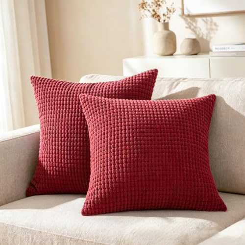 CaliTime Kissenbezüge Kissenhülle 2er-Pack Bequeme Kissenbezüge für Couch, Schlafsofa, bequem, superweich, Kordsamt, Maisstreifen, beide Seiten, 50 cm x 50 cm, Burgunderrot