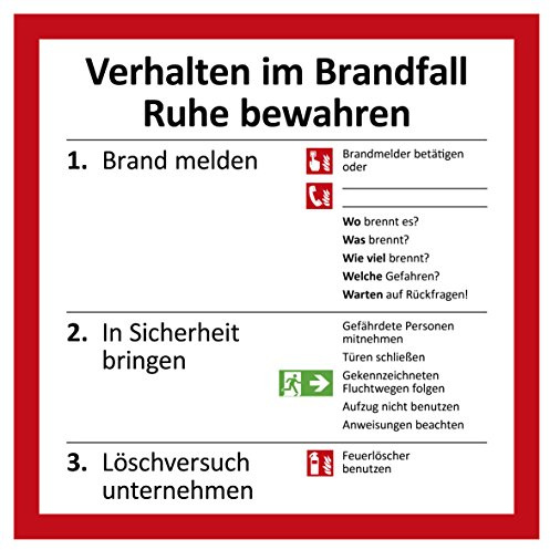 Verhalten im Brandfall Schild | 20 x 20 cm | Aushang für Brandmeldung, Notfall, Verhaltensregeln Betriebsaushang Hinweisschild 3mm | stabile Hartschaumplatte