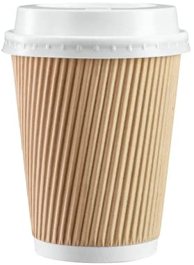 We Can Source It Ltd - 500 x Kraft 12oz Ripple Paper Cups + White LIDS, 3 Ply Insulated for Tea Coffee Cappuccino Hot Drinks