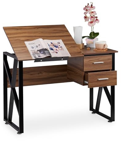 Relaxdays Schreibtisch neigbar, verstellbare Arbeitsfläche, Laptoptisch oder Zeichentisch, HBT 75x110x55cm, Holzoptik