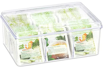 Relaxdays Scatola Porta Tè e Tisane, 90 Bustine, Organizer con Coperchio, Proteggi Aroma, HLP 9x21,5x14,5 cm,trasparente