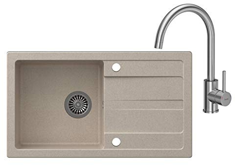 VBChome Spülbecken mit Armatur Beige 77 x 43,5 cm Granit Einzelbecken Einbauspüle Abtroffläche gesprenkelt reversibel Verbundspüle Küchenarmatur + Siphon + Spülmittelspender