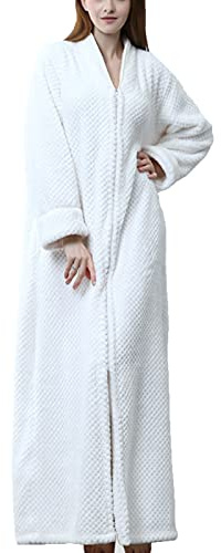 GAOHONGMEI Vestaglia da donna in pile con cappuccio e cerniera, da donna, morbida, calda, lunga, vestaglia invernale, colore: bianco/XL