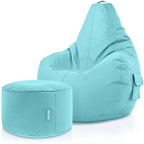 Green Bean 2er Set Sitzsack mit Rückenlehne + Hocker rund - Gaming Chair, EPS-Perlen Füllung, Waschbar, Wetterfest - Gemütlicher Lounge SitzHocker rund für Indoor und Outdoor in Aquamarin