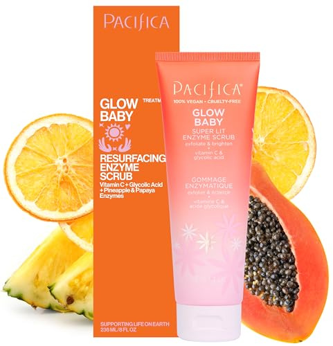 Pacifica Glow Baby Exfoliating Face Scrub, Brightening Enzyme Facial Cleanser w/ Vitamin C & Glycolic Acid for Radiant Smooth Skin, Unclogs Pores & Removes Dead Skin, Microbead-Free Vegan (4 fl oz)