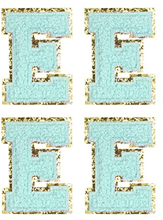 sourcing map 4 Stück Buchstaben zum Aufbügeln, Selbstklebende Chenille Buchstaben E mit Gold Rand, Gestickter Patch zum Aufbügeln für Kleidung, Tasche, Stoffe, Handyhülle(Blau)
