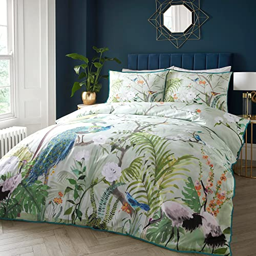 SOIRE'E Housse de Couette Jungle Paon - 260 x 220 cm - 2 taies d'oreiller - Bord passepoilé - Parure de Couette en Satin de Coton avec Animaux tropicaux - Literie Luxe - Literie Verte avec Oiseaux