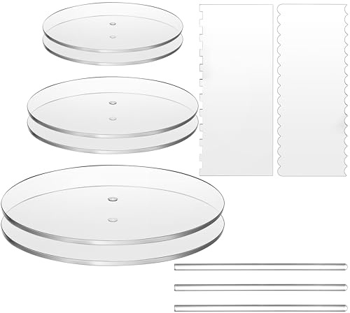 Coloch 11 Pieces Acrylic Cake Discs Set, Clear Cake Decorating Supplies with 6 Acrylic Discs, 2 Icing Scraper and 3 Center Dowel for 3 Tier Cake Making, Serving Bake Goods, 6.25/8.25/10.25 Inch
