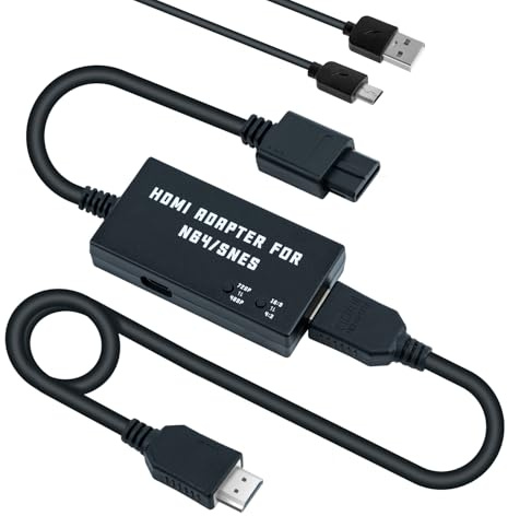 Mcbazel Convertidor N64 a HDMI, Adaptador SNES a HDMI para Consolas N64/SNES a HDTV, Soporta 480p/720p, Audio Estéreo, Relación de Aspecto 16:9/4:3, Compatible con N64/SNES Original